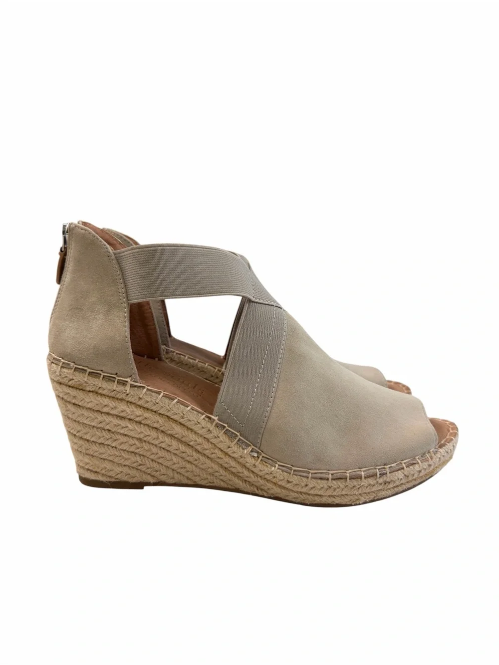 Gentle Souls Colleen Cross Elastic Espadrille Wedge Sandals Suede Taupe 9.5